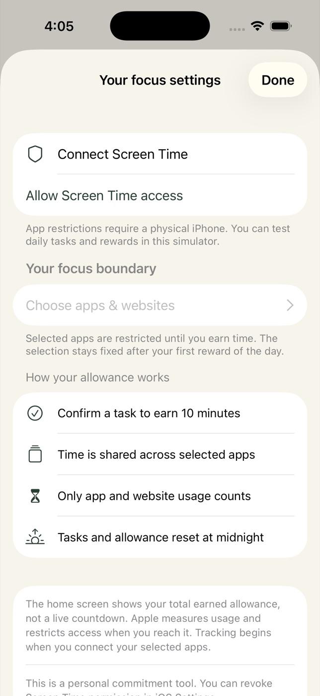 Astra build: focus settings sheet — connect Screen Time, choose apps and websites, and how the allowance works