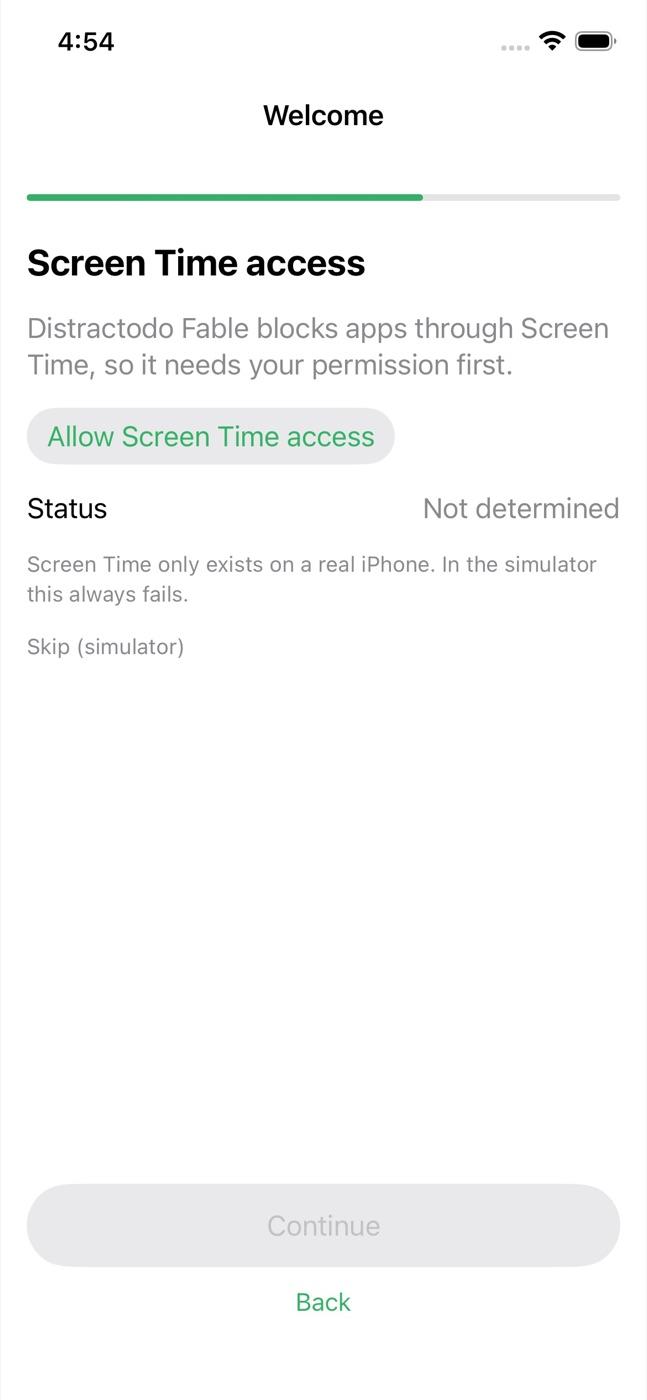 Fable build: onboarding step requesting Screen Time access, with a simulator skip option