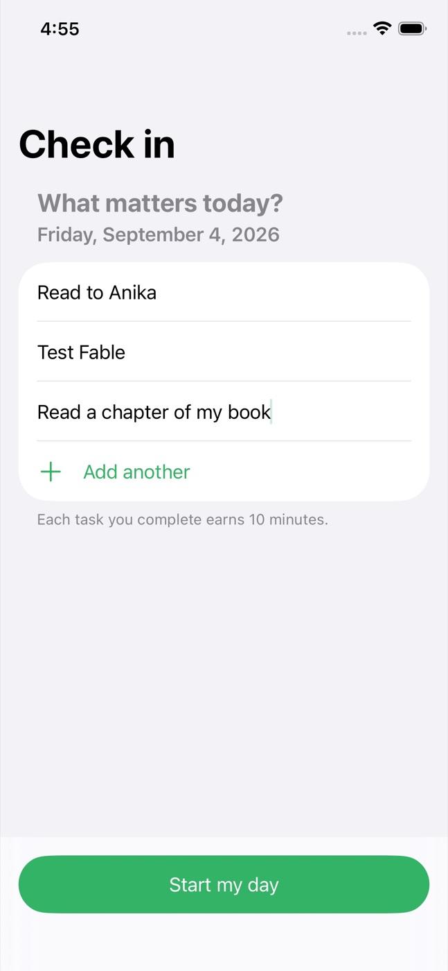 Fable build: morning check-in listing what matters today