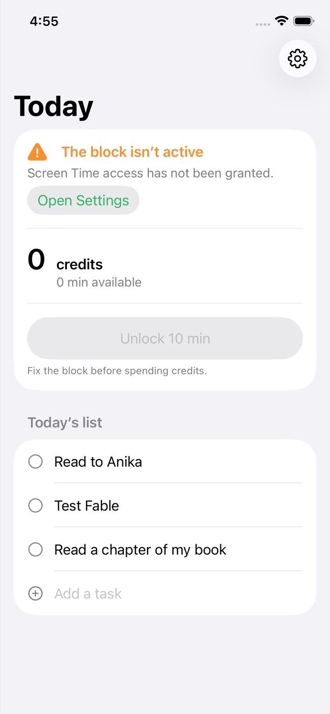 Fable build: Today screen with credits, an unlock button, and the task list