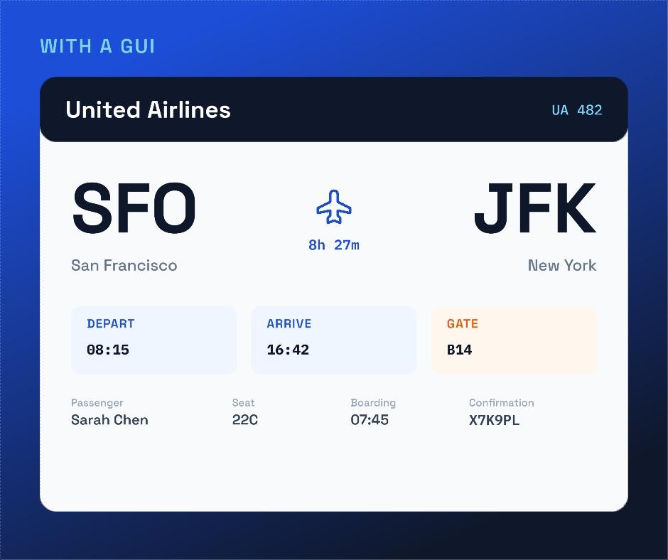 The same airline ticket laid out as a designed boarding pass
